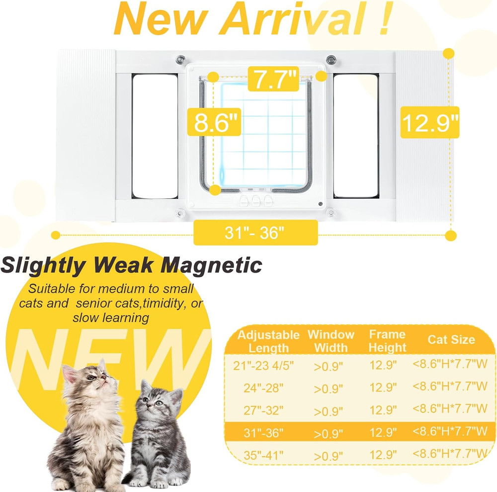 Cat Door for Window,3Min No-Damage Quick Install, Fits 31"-36" Width Windows, No