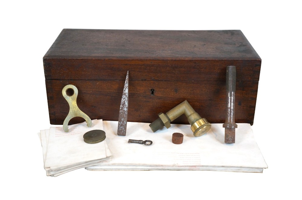 Antique Mahogany Locking Scientific Instrument Case Box & Assorted Objects 13"