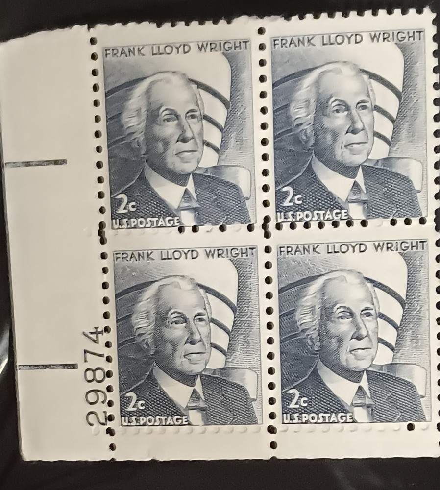 US Scott 1280 2c Frank Lloyd Wright Plate Block MISPERF Error Blind Perfs EFO