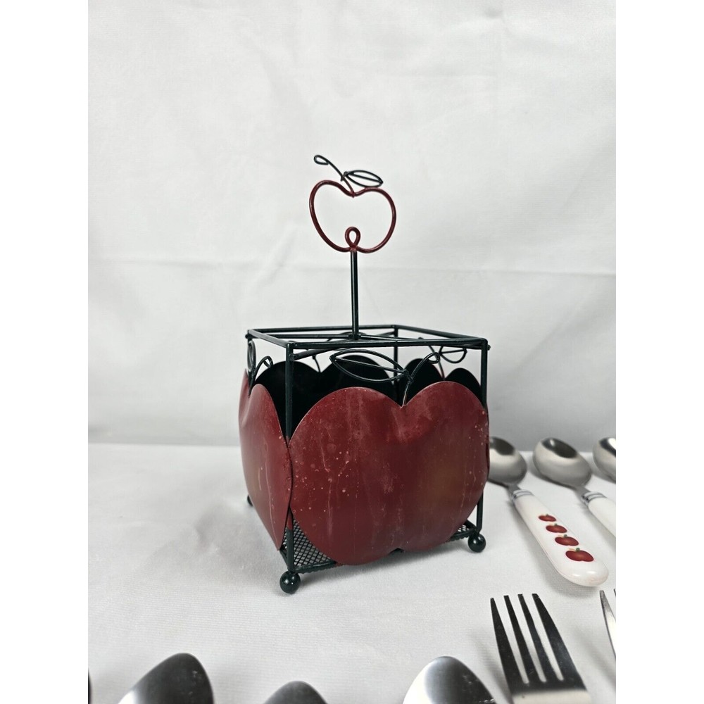 Apple Flatware Set & Holder Farmhouse Fruit Vintage Plastic Handle