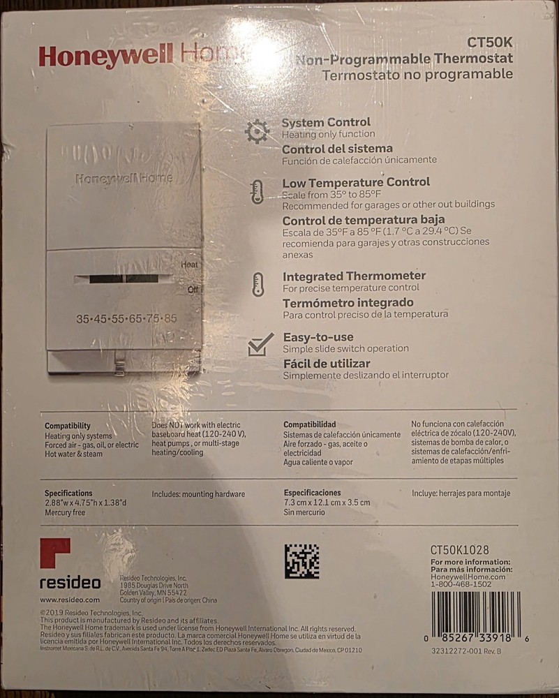 Honeywell CT50K1028/E Non-Programmable Low Temperature Thermostat - White