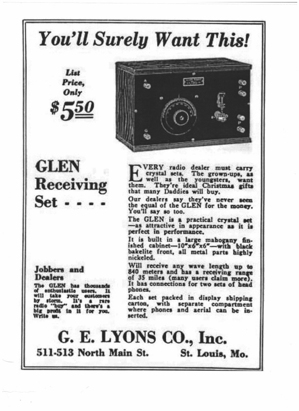 1922 Glen Crystal Radio * Rare 1st Version Of This Unusual St. Louis Set * Works