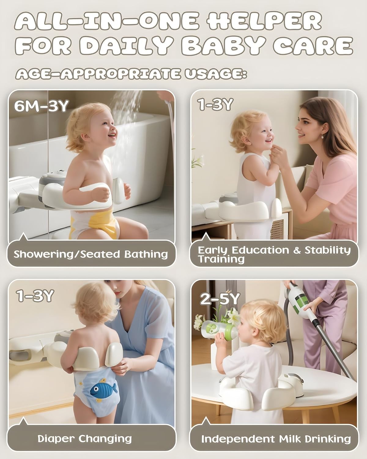 Foldable Baby Shower Support Seat with Strong Suction for Infants 6+