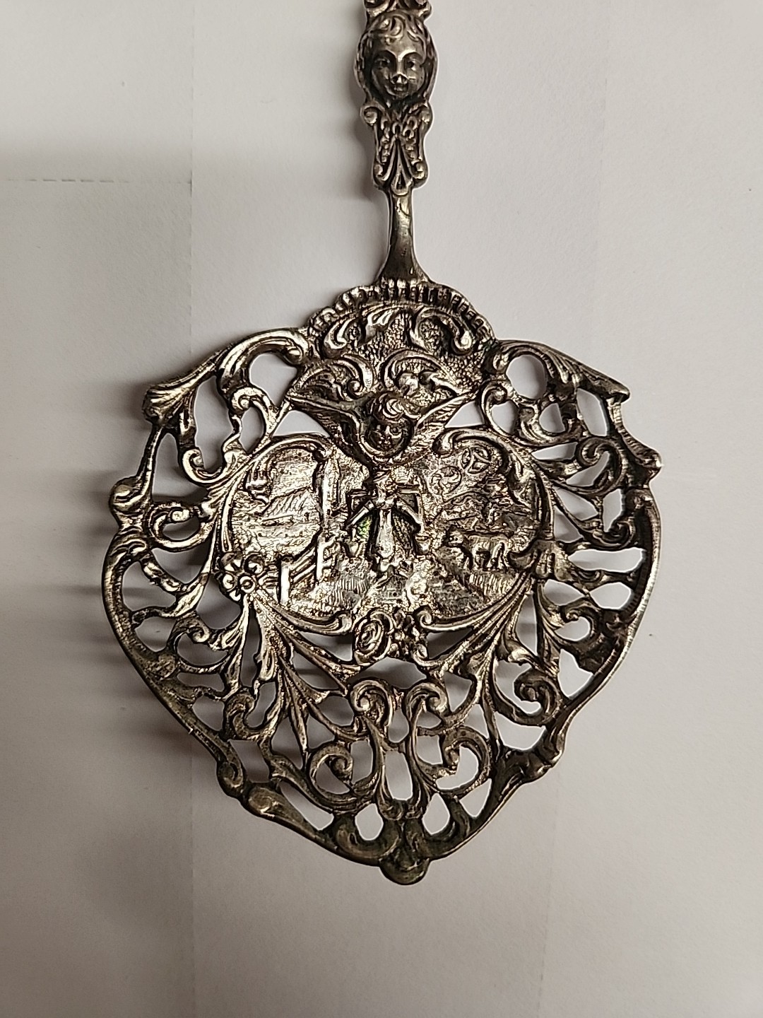 Antique Dutch Silver Tea Strainer / Spoon - Windmill & Ship Finial - 30.74g , 6"