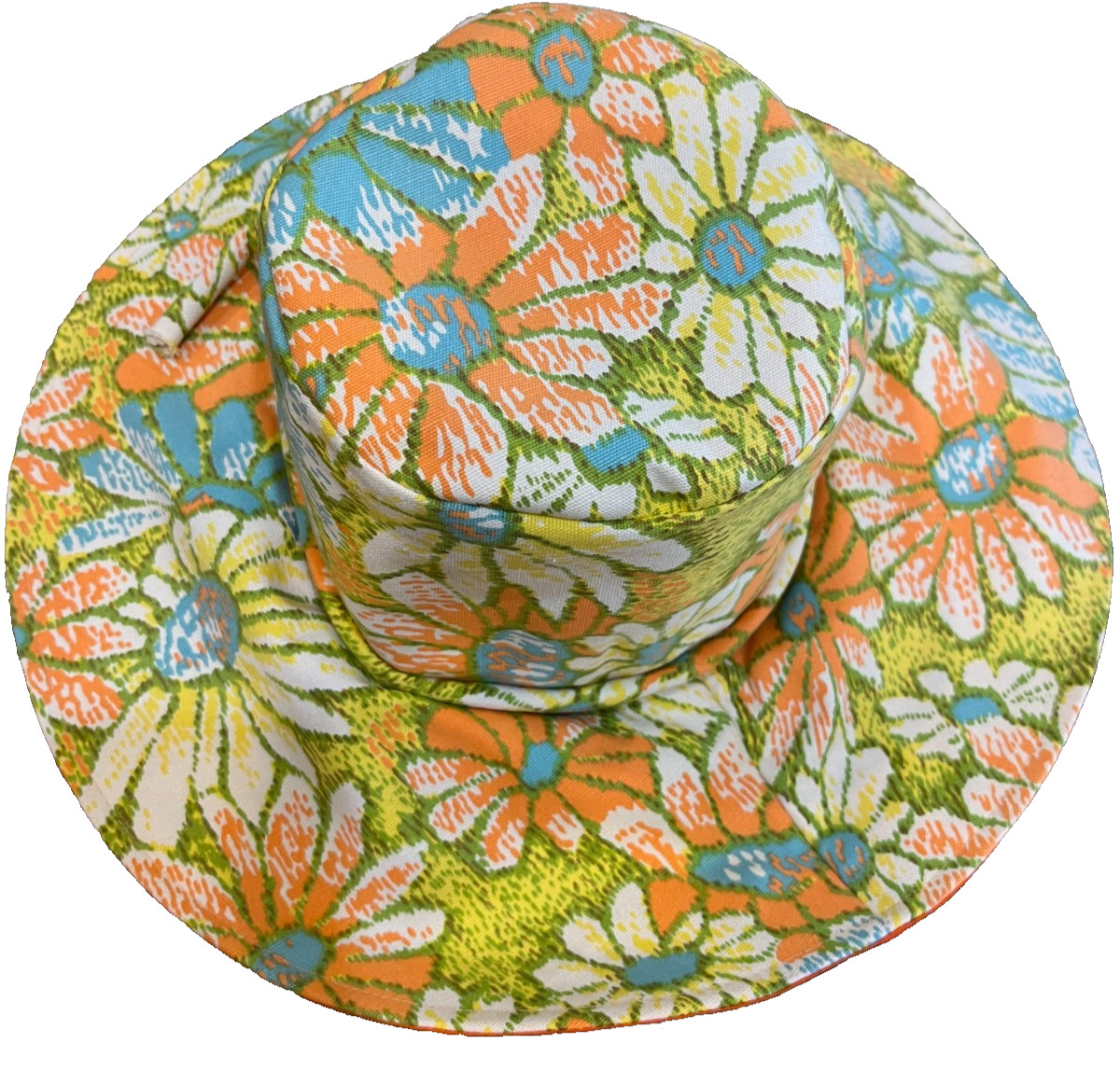 Groovy Vintage Fits All Japan Womens Floral Hat Cotton Bucket Floppy Orange Blue