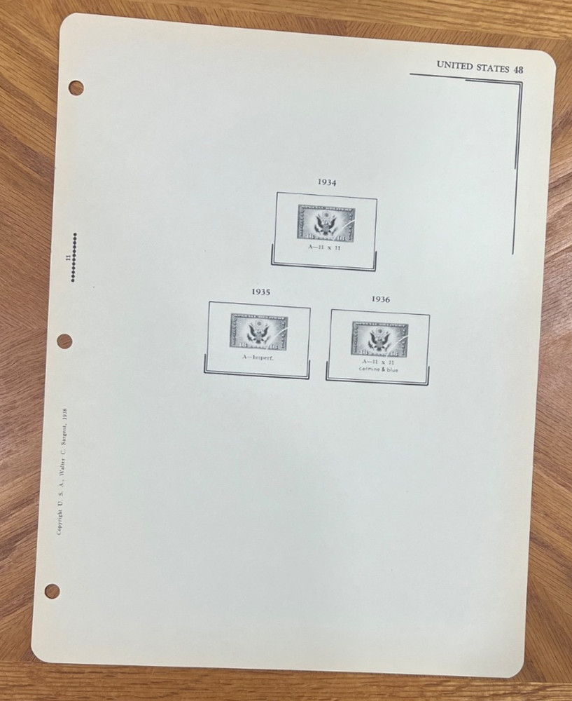 VINTAGE SARGENT LOOSE LEAF STAMP ALBUM PAGES #104 US COMMEMORATIVES, 1935-38+