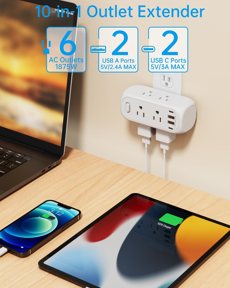 USB Outlet Extender Surge Protector 6 AC Multi Plug 4 USB 15A 1875W Splitter