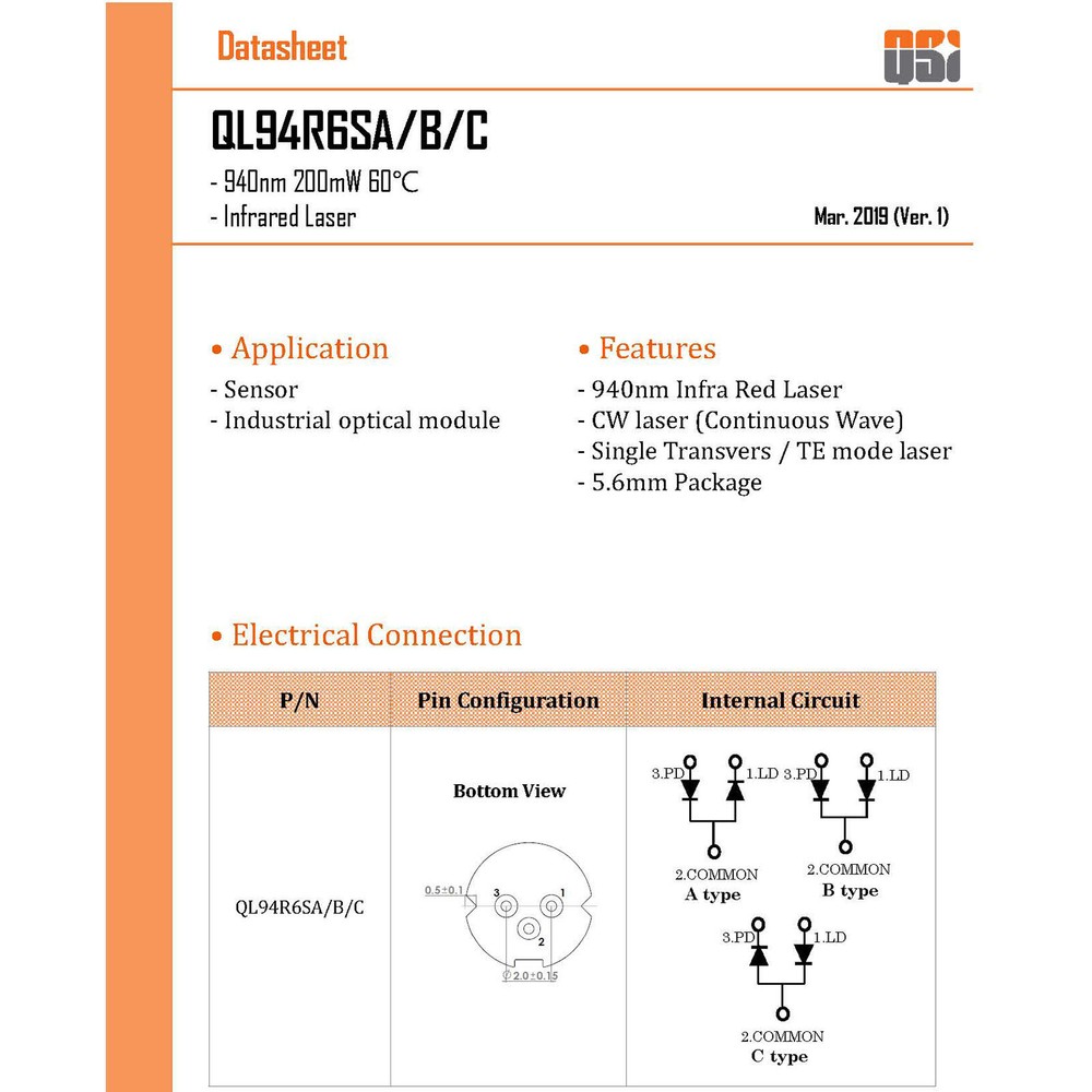 QL94R6SA 940nm 200mW Infrared Singlemode Laser Diode for Sensor Optics Module