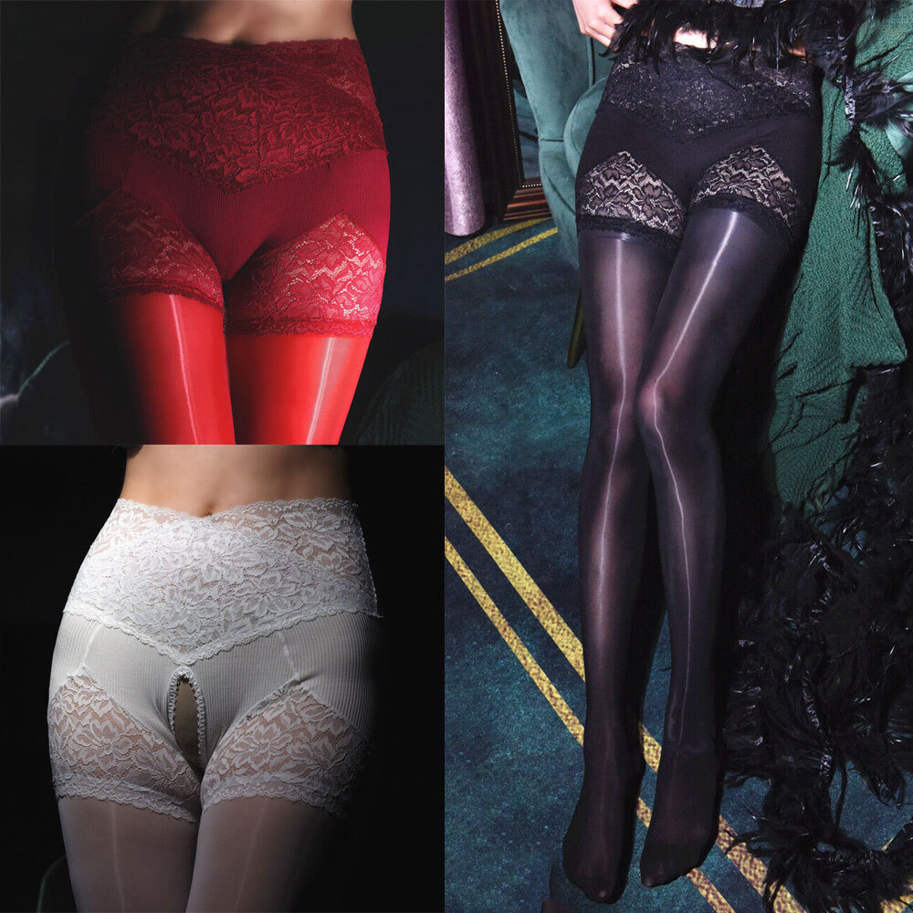 Open Crotch Lace Pantyhose Stretchy Tights Glossy Panties and Stockings in One