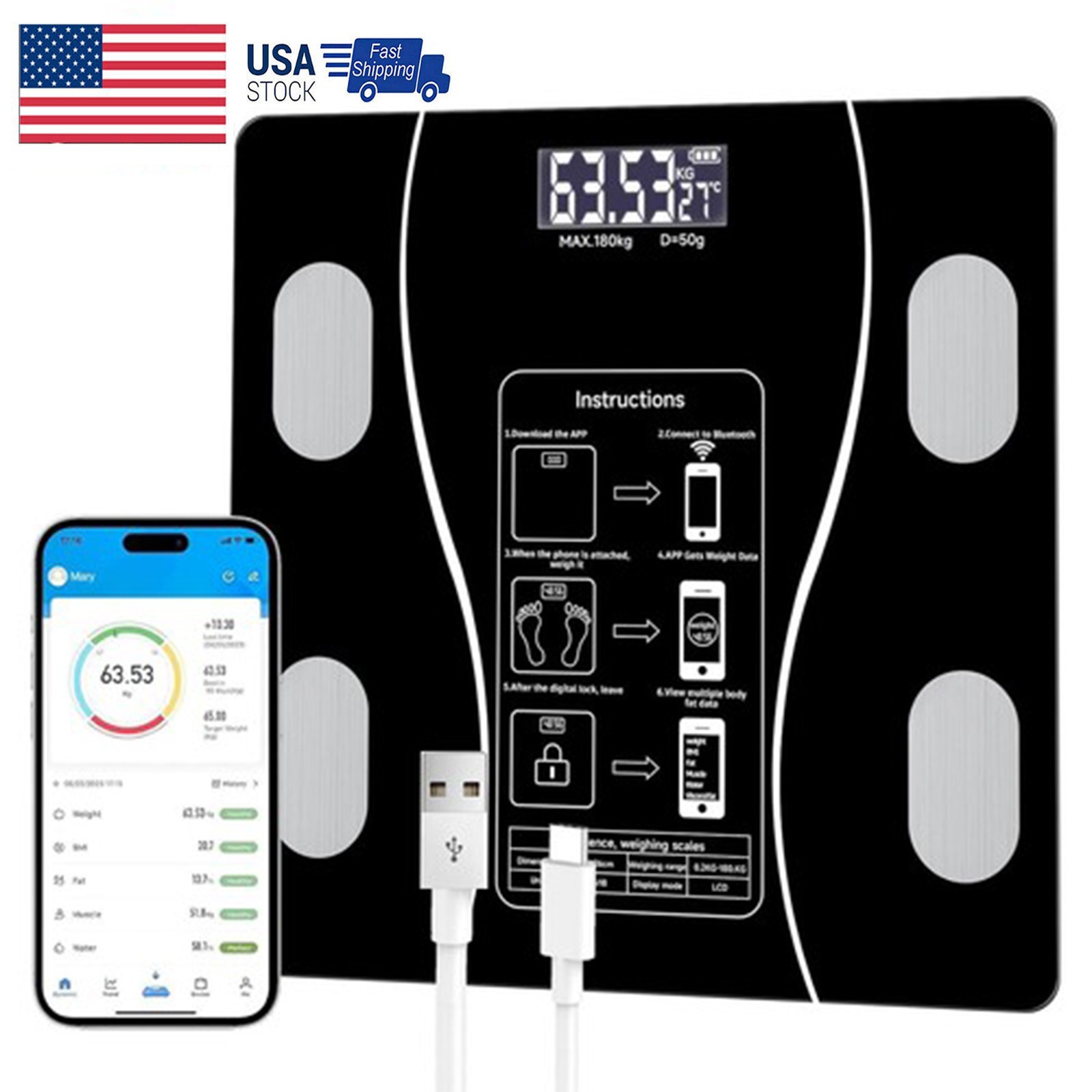 Rechargeable Large Display Weight Scale Body Scale Bathroom Scale Body Fat App