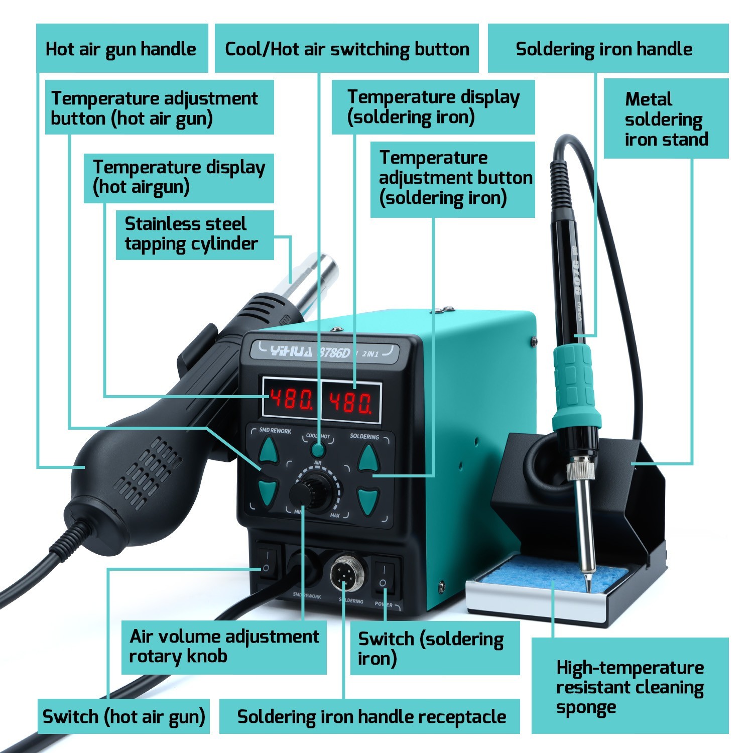YIHUA 8786D-I Dual LED Digital Soldering Station with Hot Air Desoldering Rework