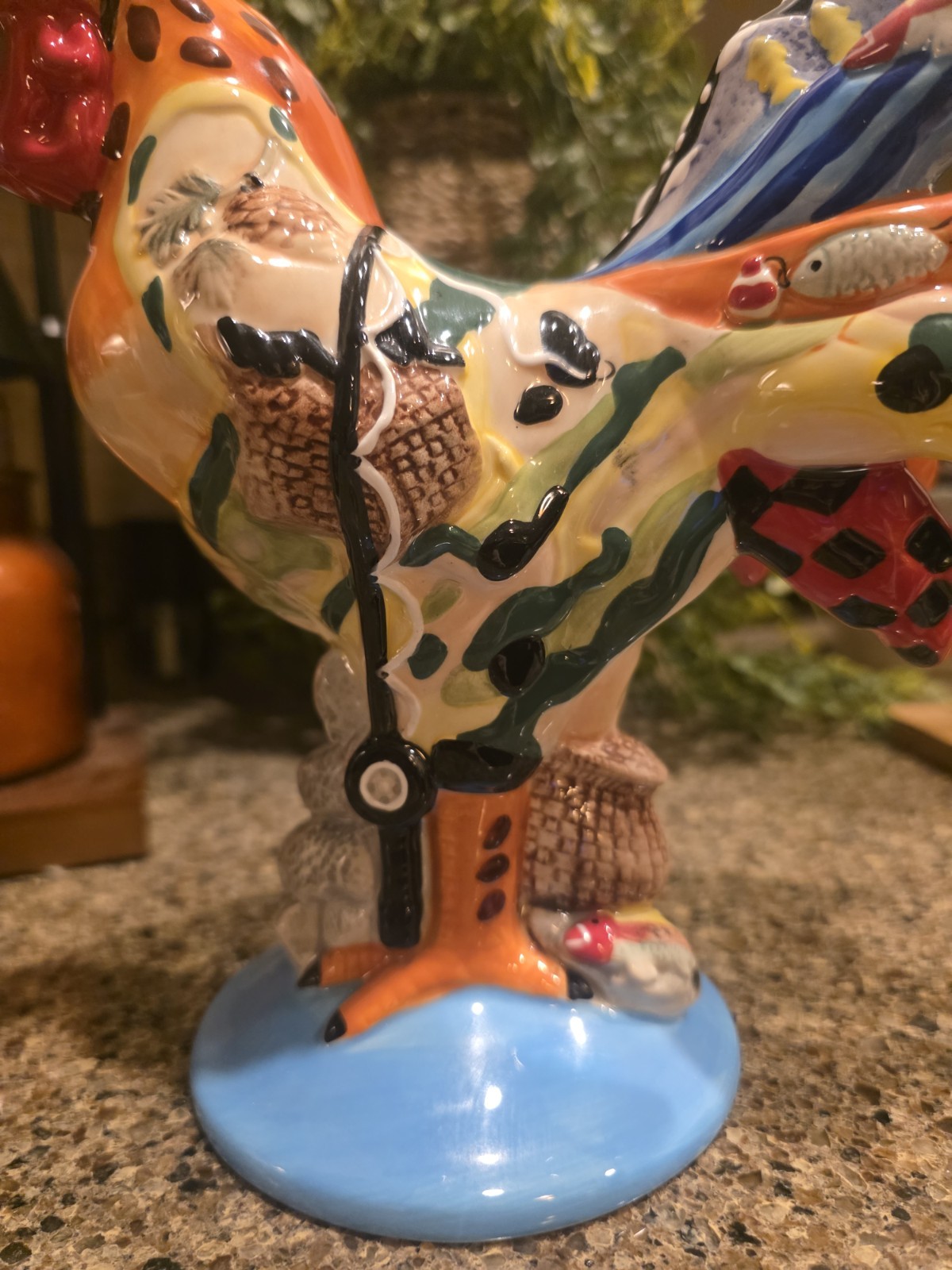 Rare Sharon Neuhaus Poultry In Motion Rocky Mountain Ceramic Rooster Fishing
