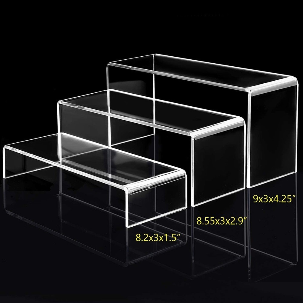 Display Stand Shelf Holder Rectangle Risers Transparent Trophies 3 Tier