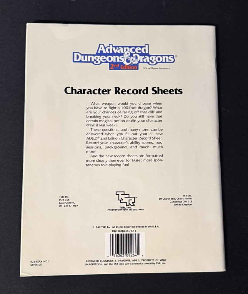 TSR 9264 REF2 Character Record Sheets (Fair) Advanced Dungeons & Dragons 2e￼