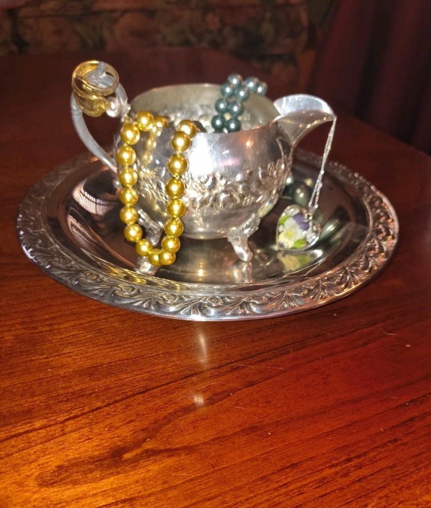 Silver Roses Footed Cream Pitcher with Handle