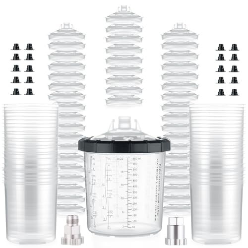 Disposable Paint Cup Liners & Lids System, 50 Pack, 22oz Spray Gun Kit, Strainer