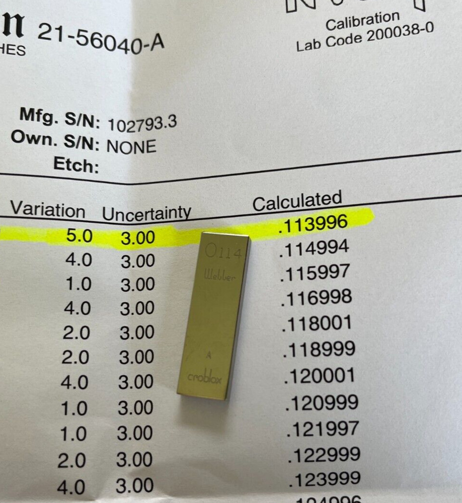 .114" Starrett-Webber Gage Block with certification