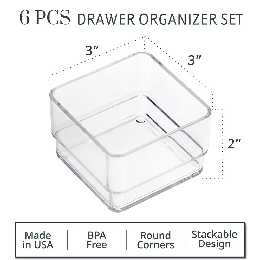 SimpleSort 6-Piece Stackable Clear Drawer Organizer Set | 3" x 3" x 2" Square...