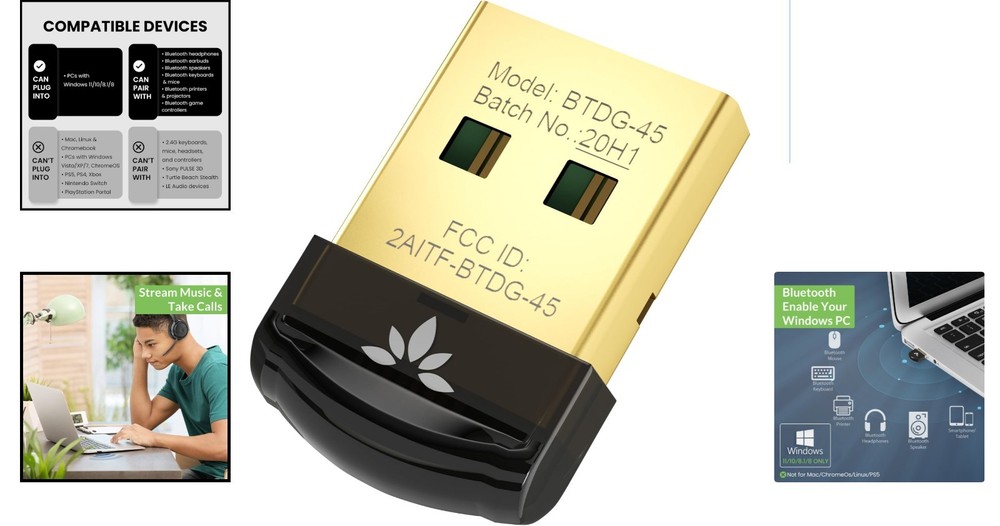 DG45 USB Bluetooth Adapter Dongle for Windows 11/10/8.1/8 - Connect 7 Devices