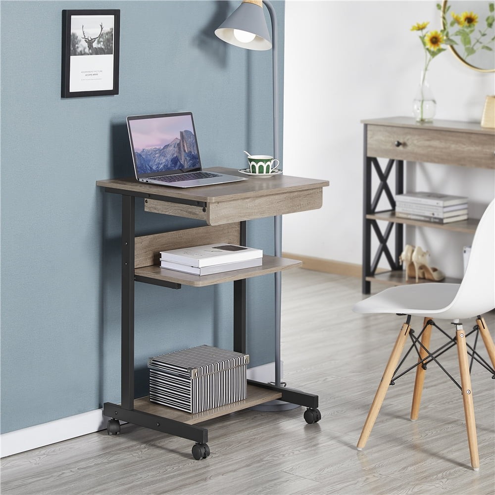 Rolling Computer Desk W/ 2 Storage Shelves & Drawer Compact Work Table Taupe