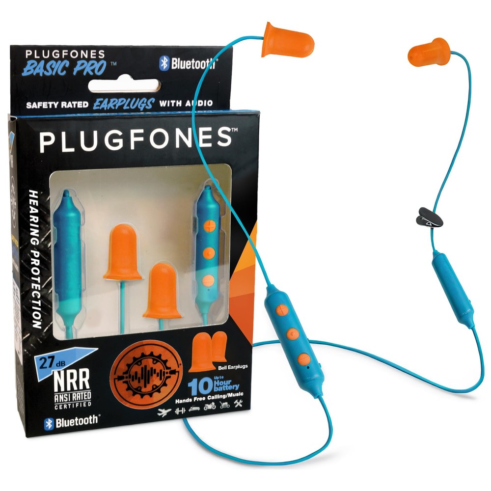 Plugfones Basic Pro Bluetooth Foam Earplug Headphones - 27 dB Blue, Orange