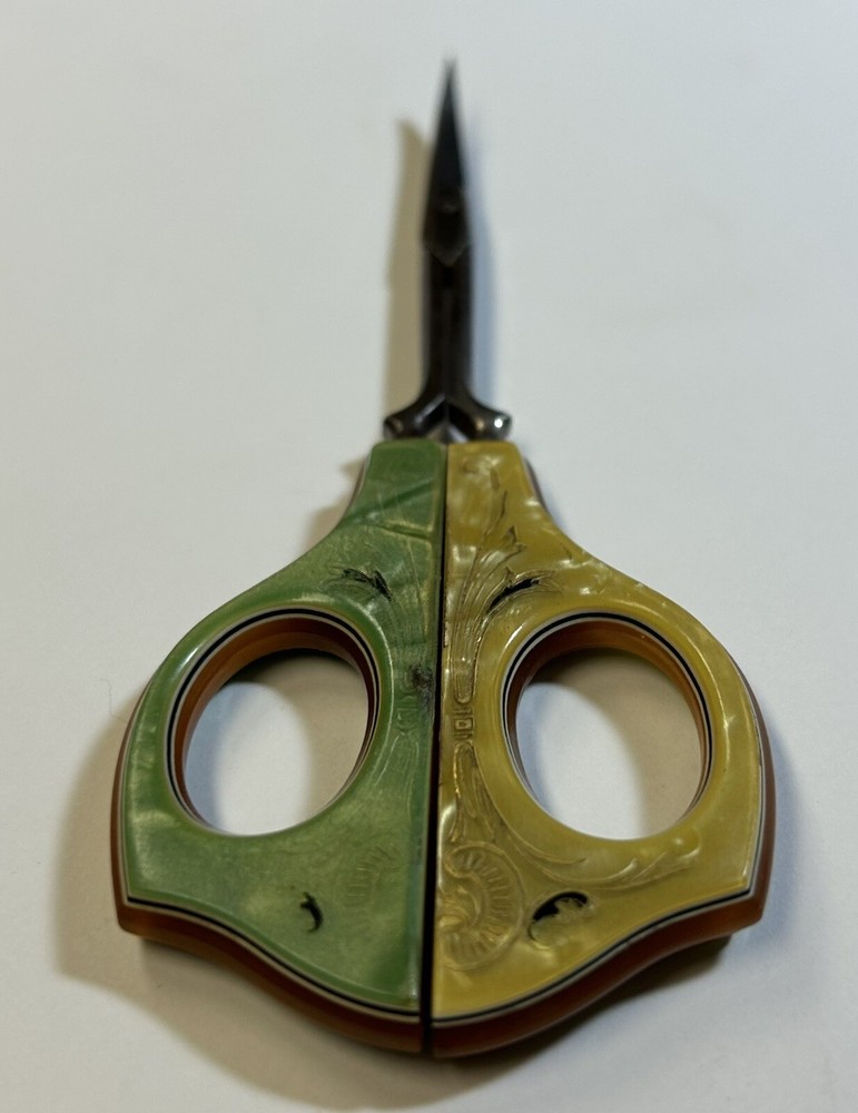 Green & Yellow Celluloid Handle Sewing Scissors, 5” Vintage