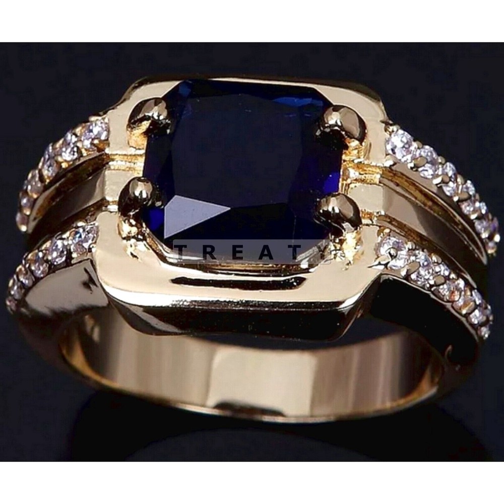 Blue Sapphire Emerald Cut With 14K Solid Yellow Gold Ring For Men #24