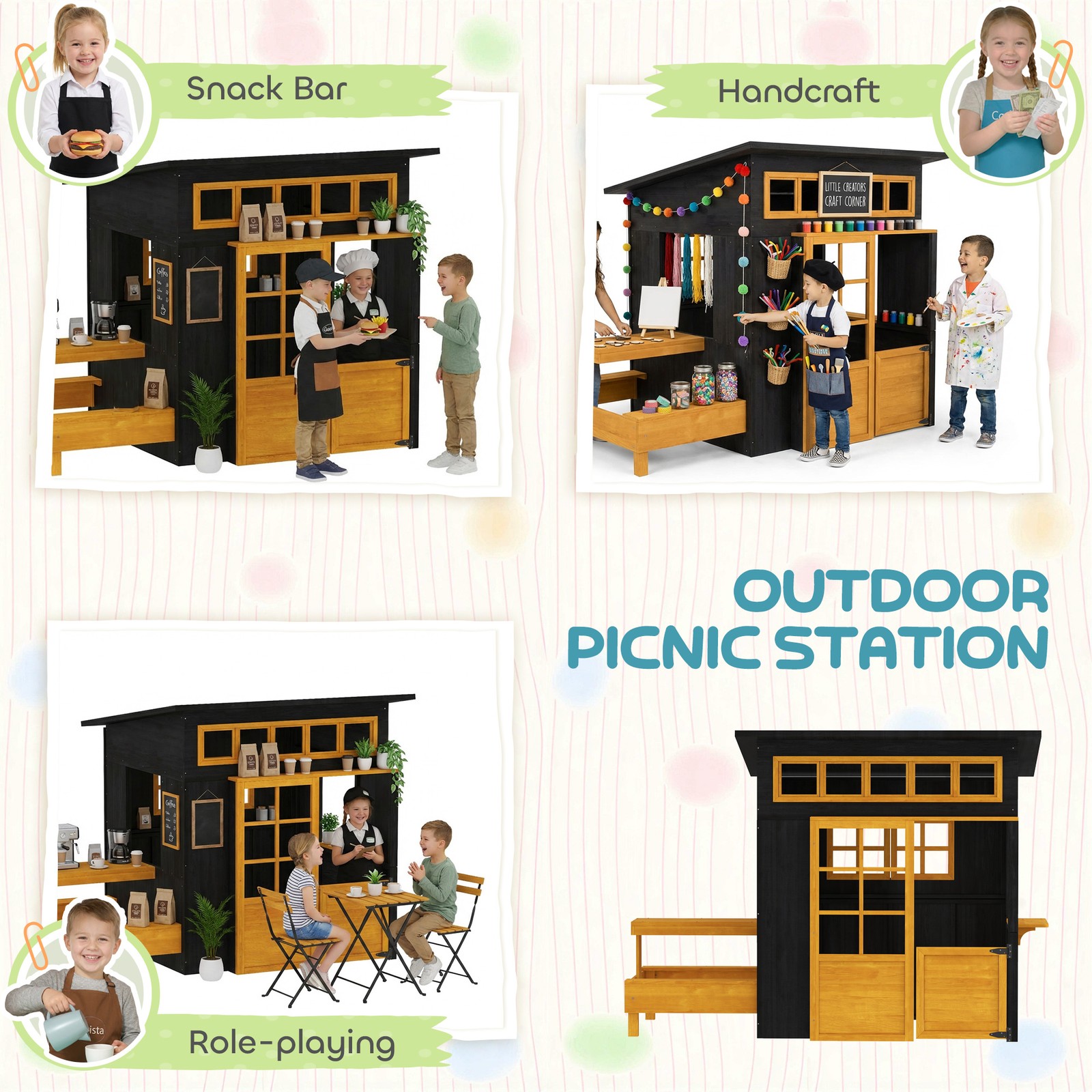 Qaba Kids Outdoor Playhouse, Wooden Kids Playhouse w/ Picnic Table