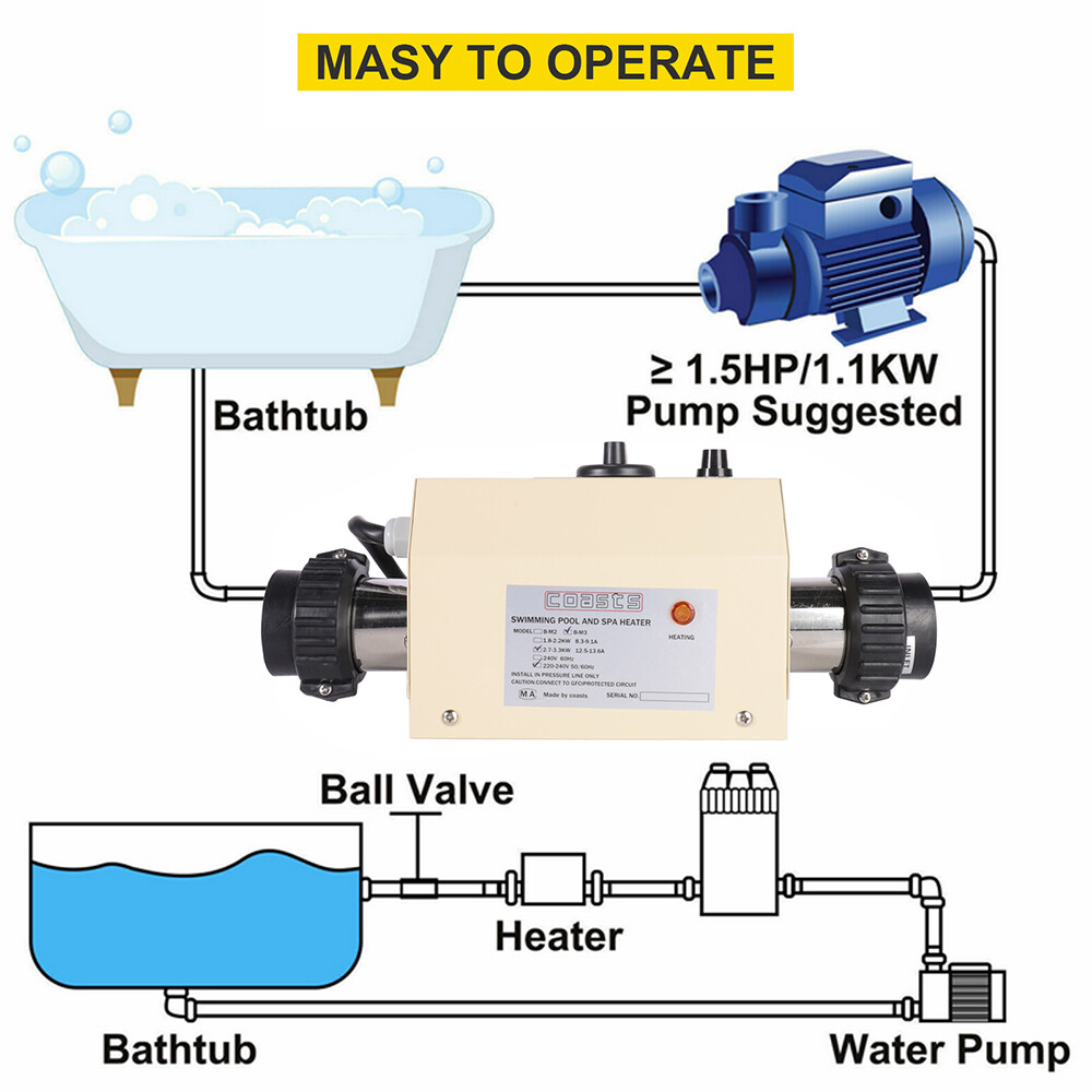 3KW Pool Heater Electric Water Heater Swimming Pool SPA Bath Tub Thermostat 220V