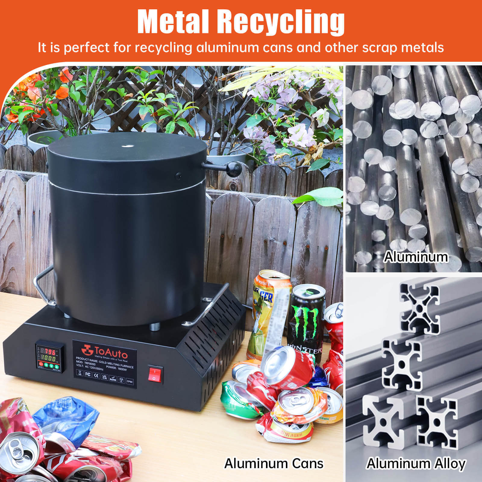 TOAUTO 8KG Electric Aluminum Melting Furnace 1800W Smelter Temperature Control