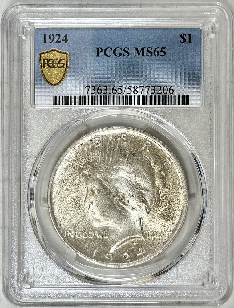 1924 PEACE DOLLAR PCGS MS65 GOLD SHIELD LABEL