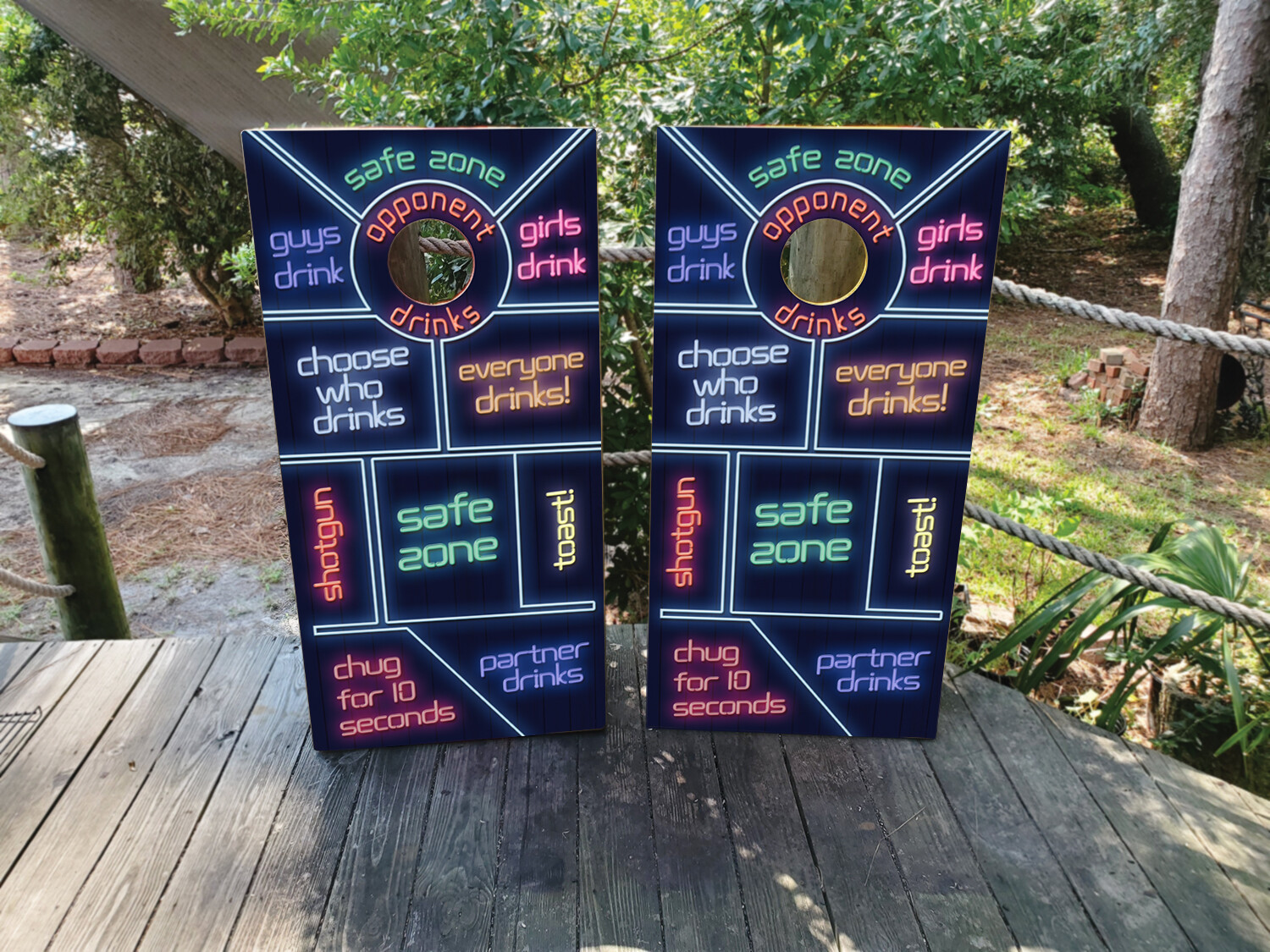 Neon Drinking Game Cornhole Wraps – Laminated Vinyl – Fadeproof & Durable Skins