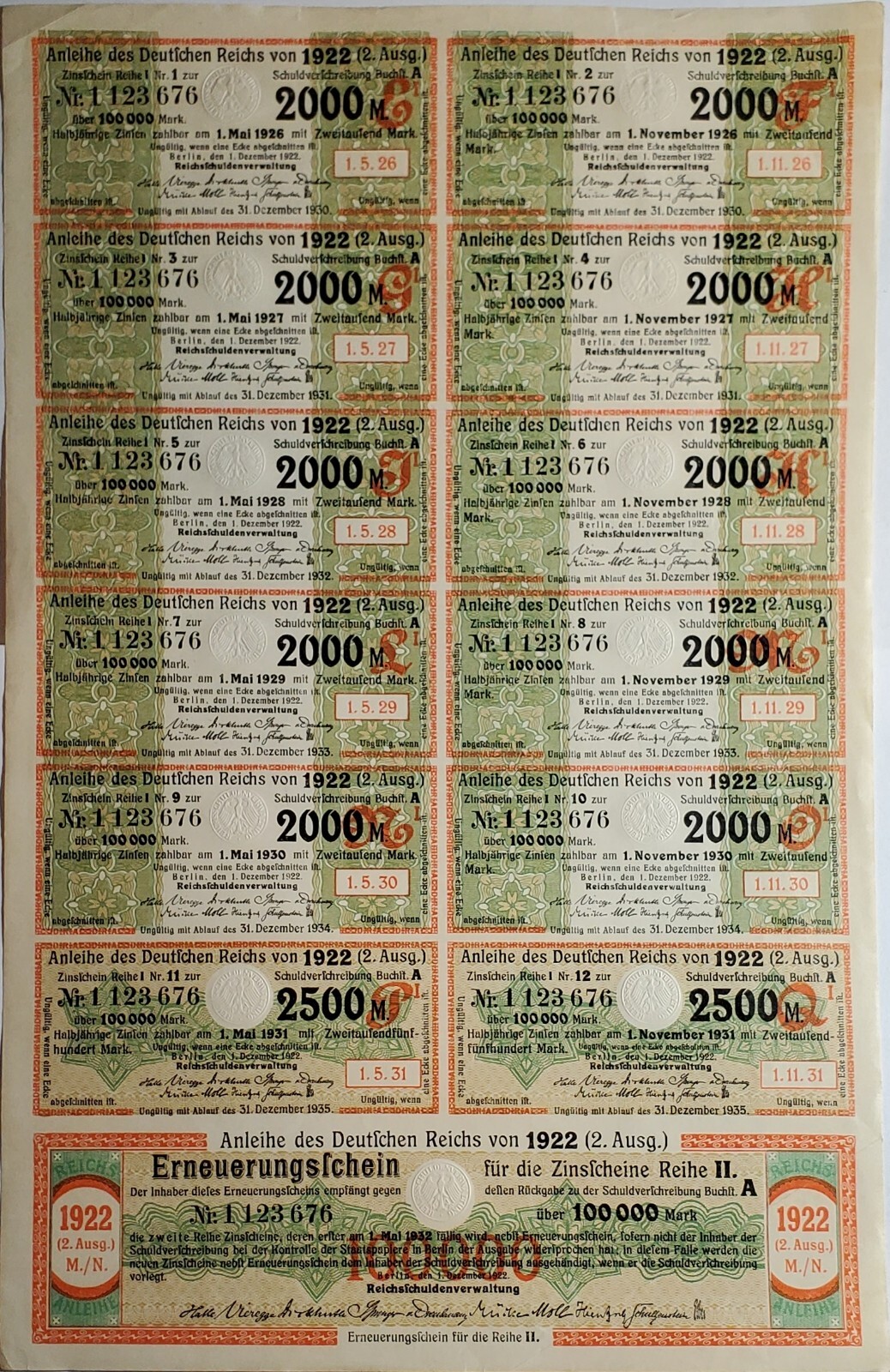 Germany 1922 100000 Mark Treasury Bond Coupons. Perfect For Framing!