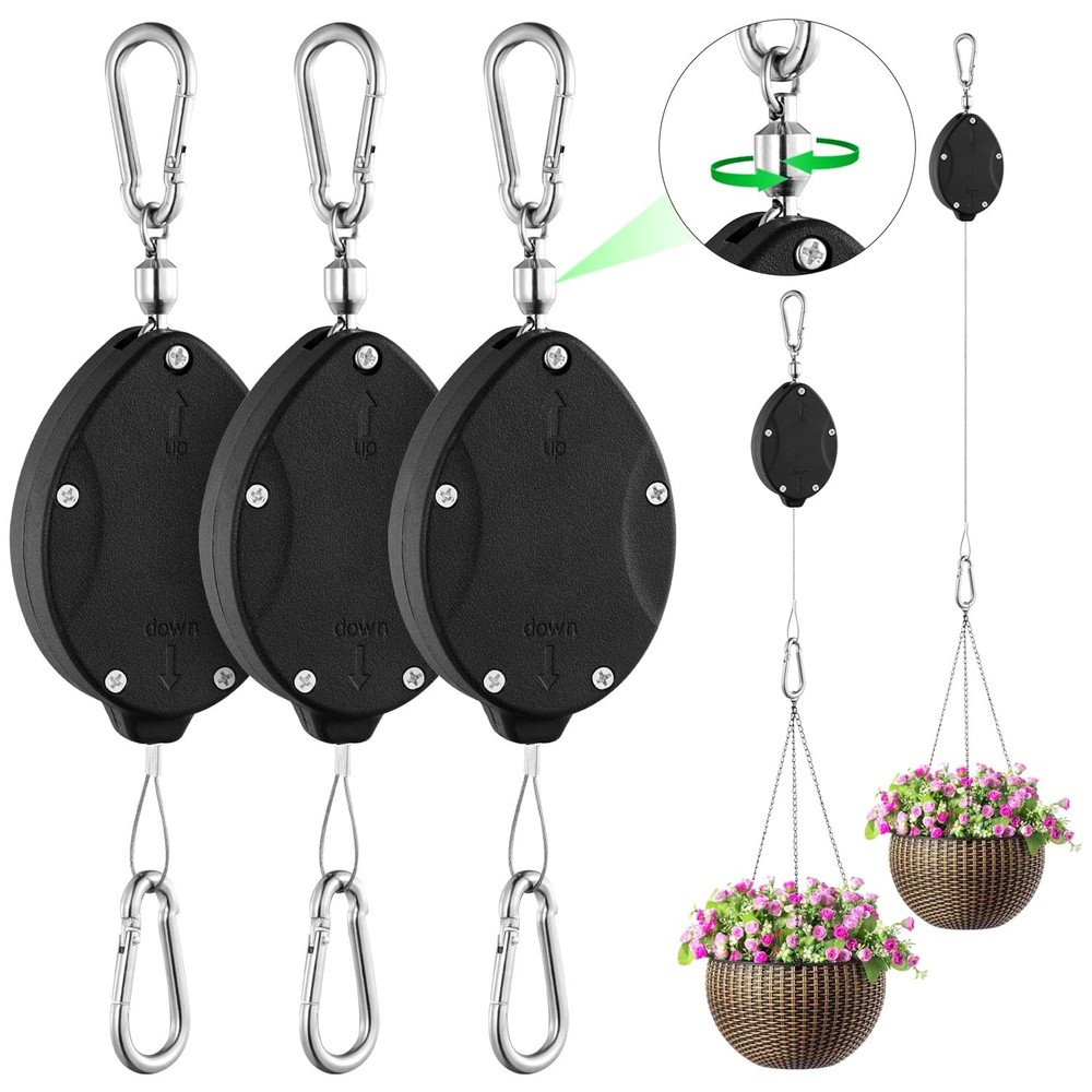 3 Pack Heavy Duty Retractable Plant Hangers Adjustable Pulleys with 63" Pull-...