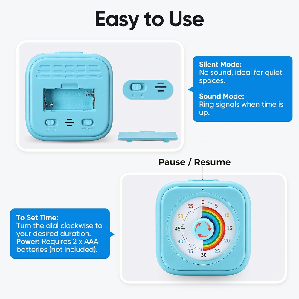 Rainbow Visual Timer for Kids, 60 Minute Silent Countdown Timer, Time Management