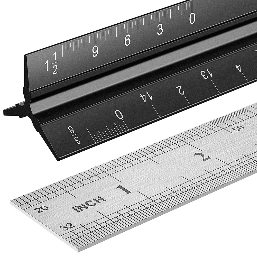 Engineers Architectural Scale Triangular Ruler with Standard Metal Ruler 2 Pack