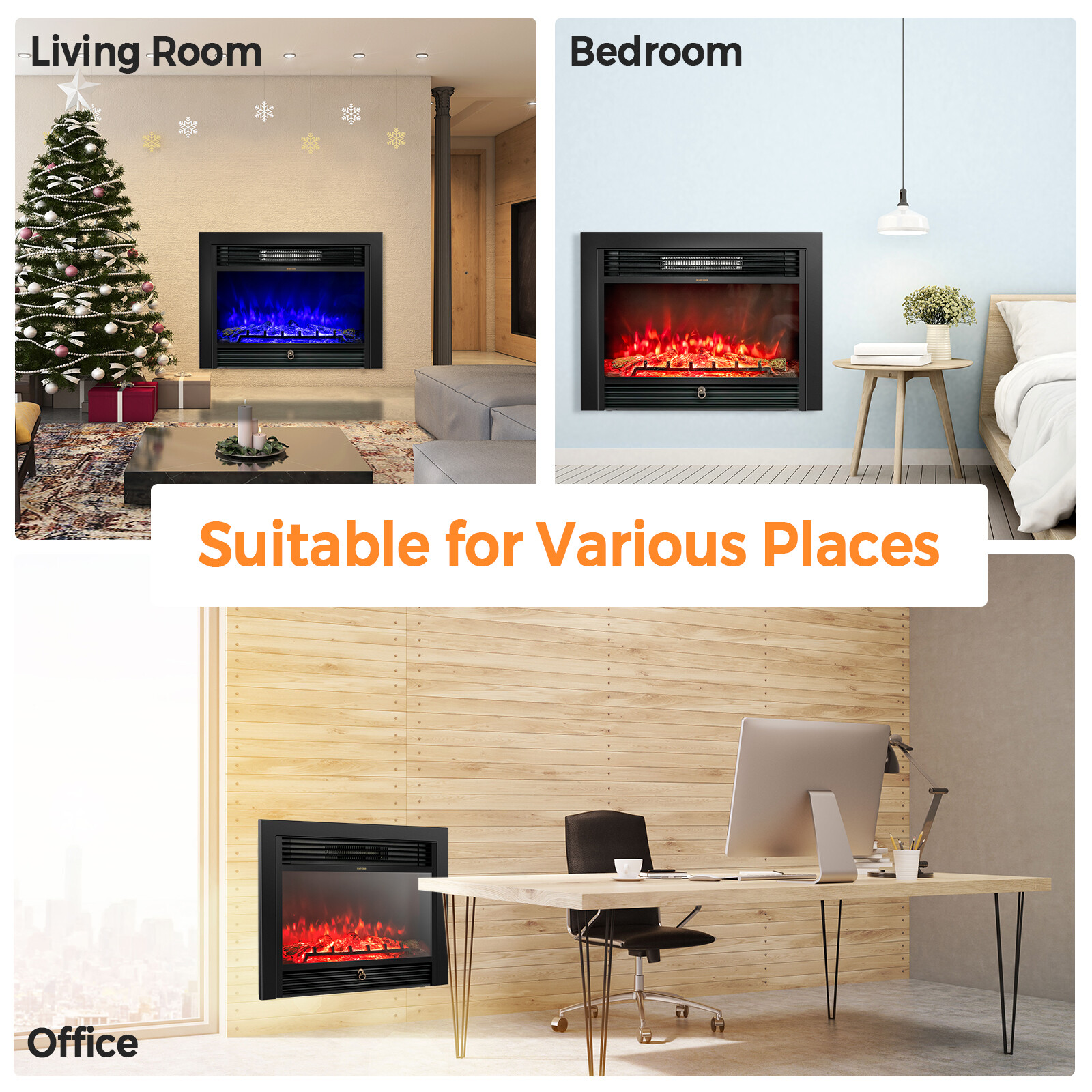 28.5" Fireplace Electric Embedded Insert Heater Glass Log Flame Remote