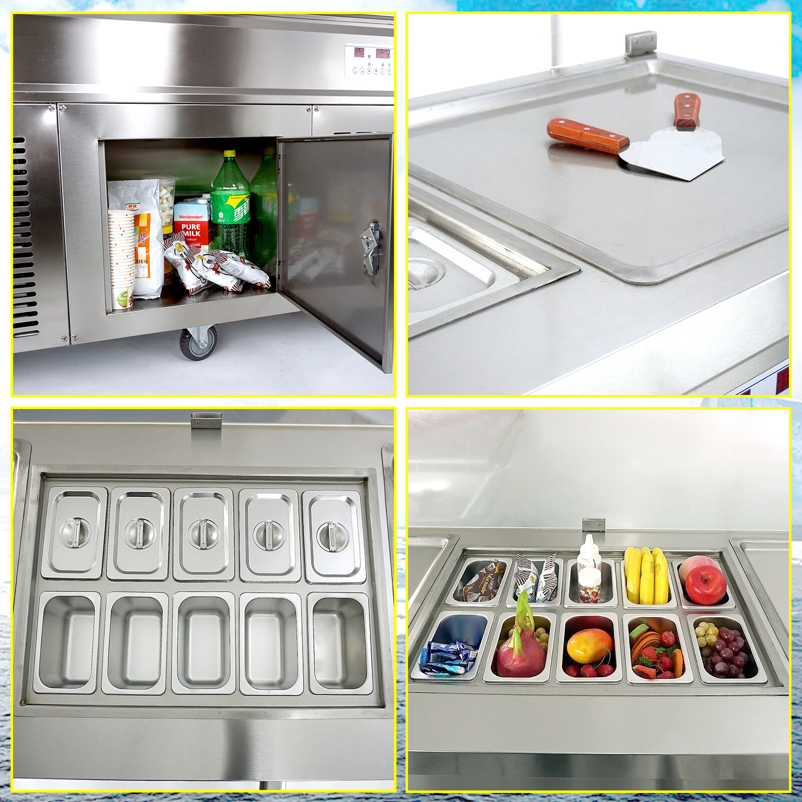 Kolice 21"double square pans fried ice cream machine-10pcs refrigerated tank