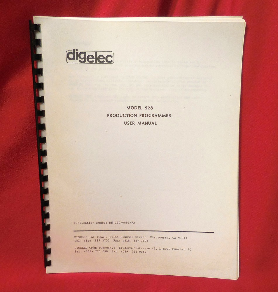 digelec Model 928 Production Programmer User Manual  PROM-EPROM Book