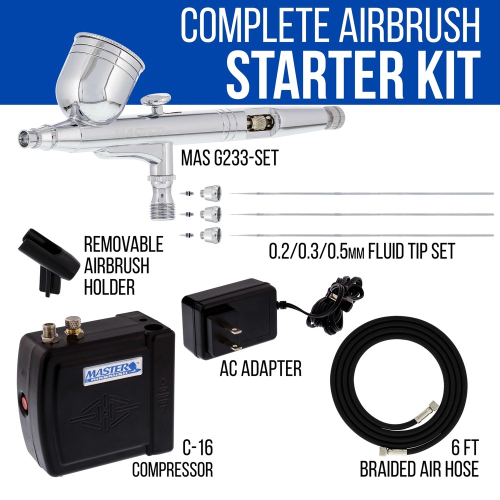 Master 3 Tip G233 PRO AIRBRUSH SET with COMPRESSOR KIT Gravity Dual-Action Hobby