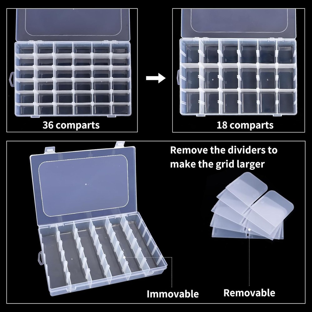 OUTUXED 36 Grids Clear Plastic Organizer Box with Adjustable 1PCS, 1 Pack