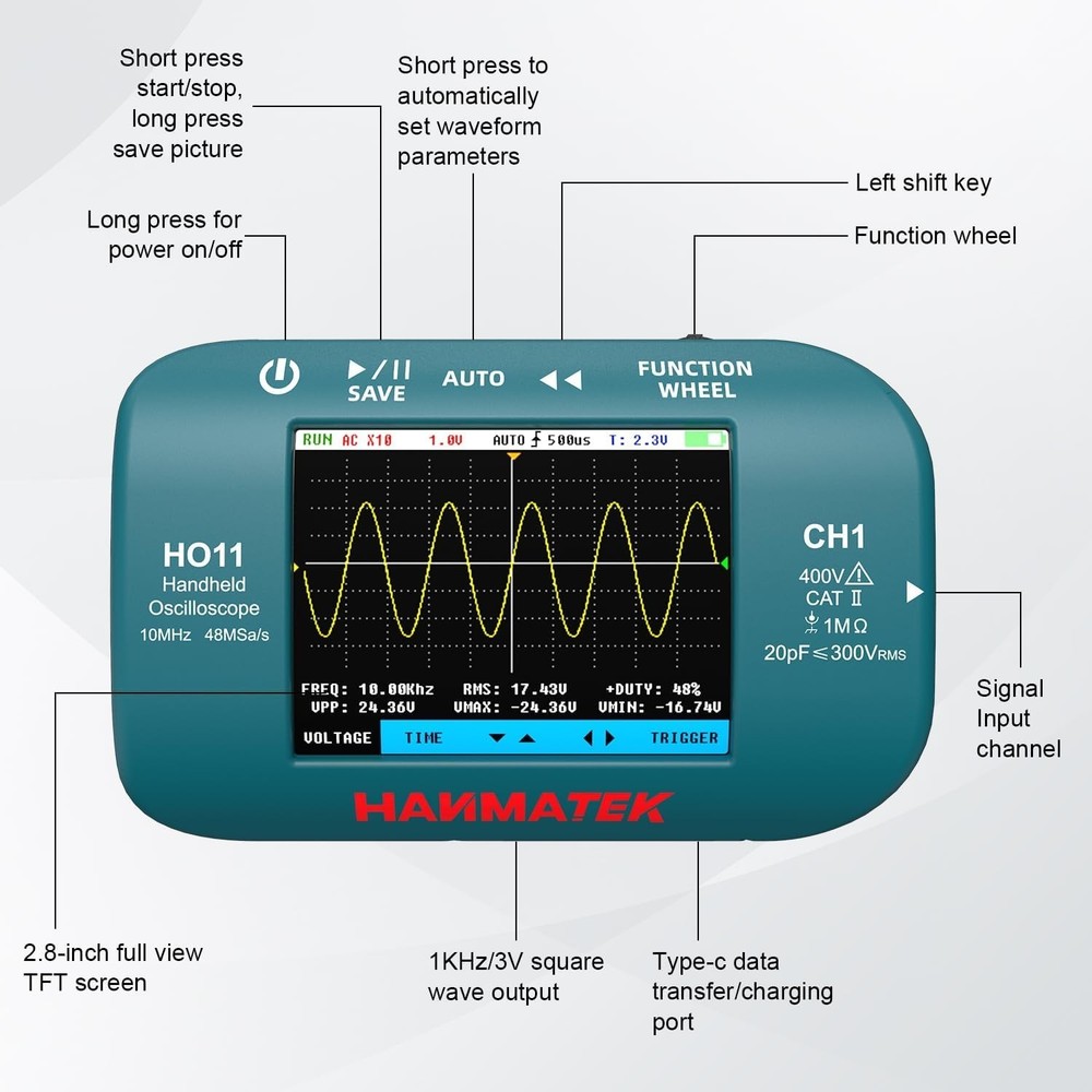 Handheld Digital Oscilloscope 10MHz Bandwidth 48MSa/s High-Precision Sampling US