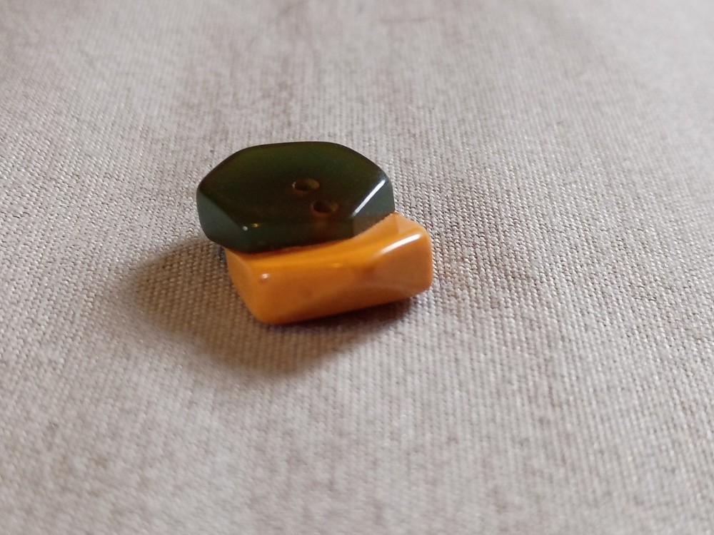 Vintage Green and Butterscotch Bakelite Button.