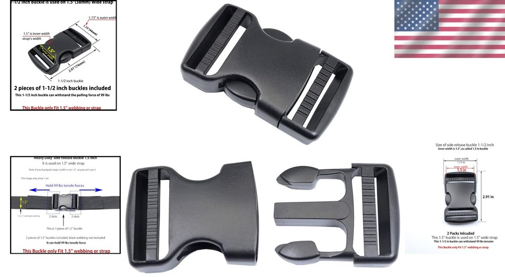 Quick Release 1.5 Inch Adjustable Buckles - Durable Plastic Strap Clips, 2 Pack
