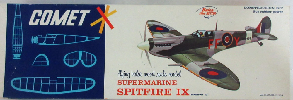1960's Comet Spitfire IX Balsa Airplane Model Kit #3402 with Instructions