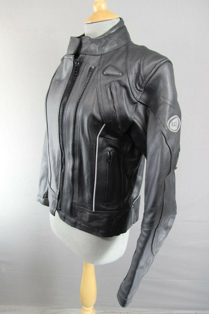 RACEWELL BLACK LEATHER BIKER JACKET WITH REMOVABLE BACK PROTECTOR: SIZE 14