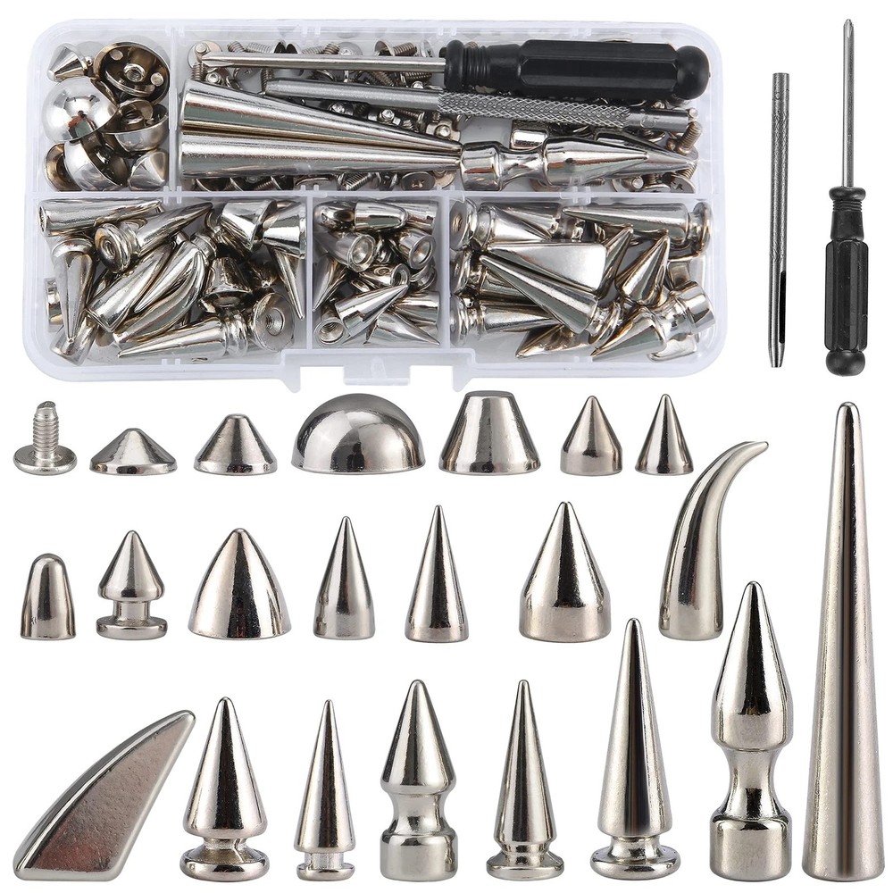 80 Sets Mixed Shape Spikes and Studs Assorted Sizes Silver Color Screw Back B...