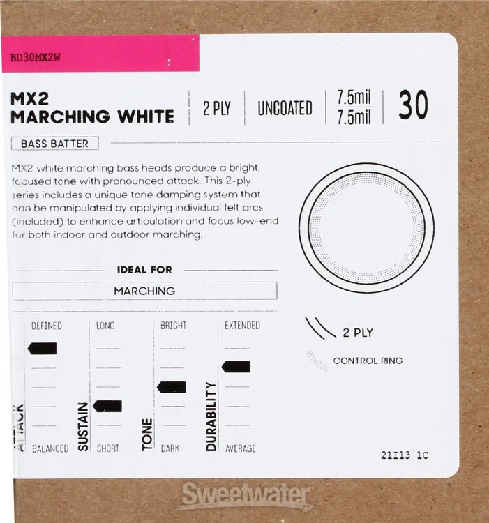 Evans MX2 White Marching Bass Drumhead - 30 inch