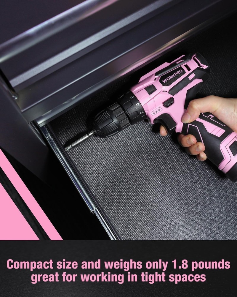 Ergonomic 12V Pink Cordless Drill Set with Variable Speed & LED Trigger Light