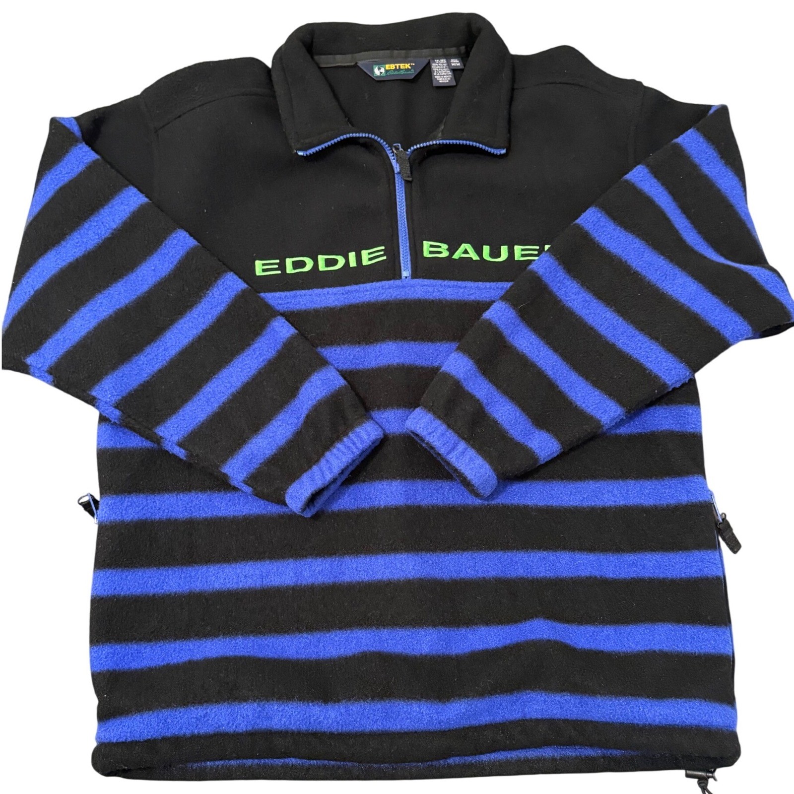 Vintage Eddie Bauer EBTEK Fleece Pullover Jacket Men Medium M Black Blue Stripe
